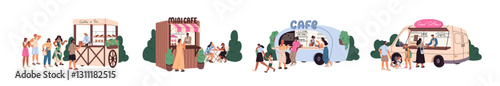 Set of food trucks and stalls. Fastfood kiosks, counters at festival, funfair in park. Customers buy eating, drinks in summer cafe outdoors. Flat isolated vector illustrations on white background