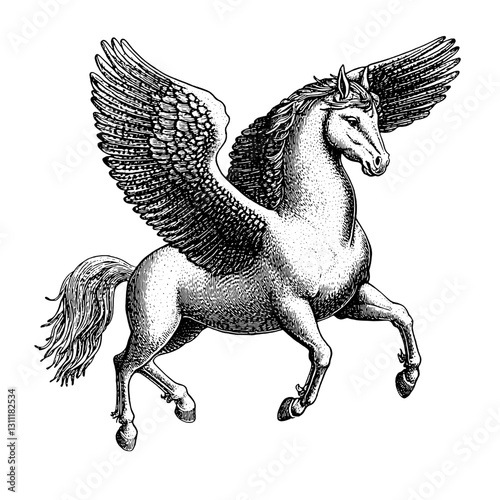 Engraved vector illustration of a winged horse in dynamic pose, ideal for tattoo designs and artistic embellishments