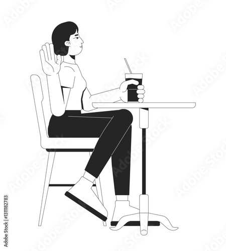 Korean woman enjoying drink at cafe 2D line character. Asian female sitting at table, sipping beverage while raising hand isolated vector ink outline person. Monochromatic spot illustration