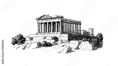 Engraved vector artwork of the Parthenon showcasing ancient architecture and heritage