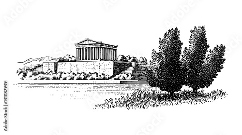 Engraved vector design of a historic temple with cypress trees and mountains in the background