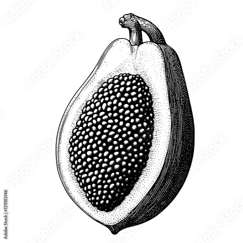 Engraved vector illustration of a halved papaya with detailed seed texture and smooth outer skin in black and white design