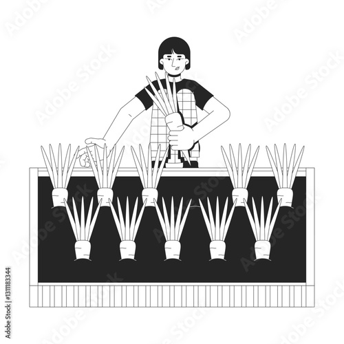 Asian woman harvesting carrots from raised garden bed 2D line character. Sustainable farming. Korean female tending root vegetables isolated vector ink outline person. Monochromatic spot illustration