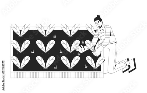 Caucasian male farmer harvesting fresh spinach leaves 2D line character. Man in overalls and plaid shirt by raised garden bed isolated vector ink outline person. Monochromatic spot illustration