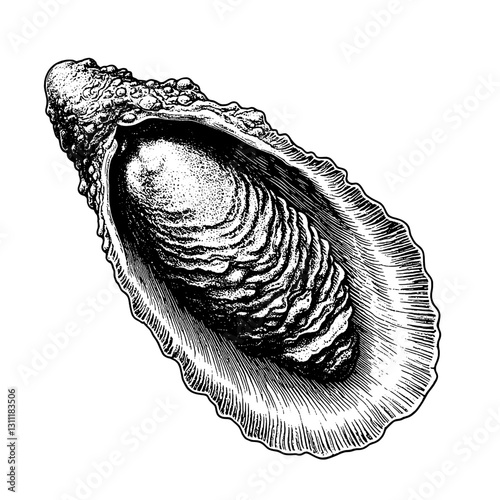 Engraved vector tattoo design featuring an intricately detailed oyster shell in its natural form