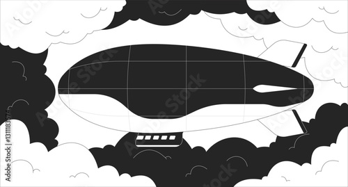 Blimp floating through dreamy sky lofi illustration outline. Vintage airship. Nostalgic adventure, air travel. Steampunk dreamlike 2D ink linear flat lo fi drawing. Vector line art aesthetic wallpaper