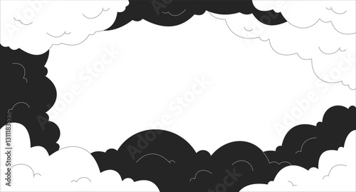 Lo-Fi aesthetic cloudy sky dreamy black white line illustration backdrop. Nostalgia and relaxation. Fluffy clouds. Minimalistic artistic cloudscape 2D ink outline monochrome background. Lineart vector