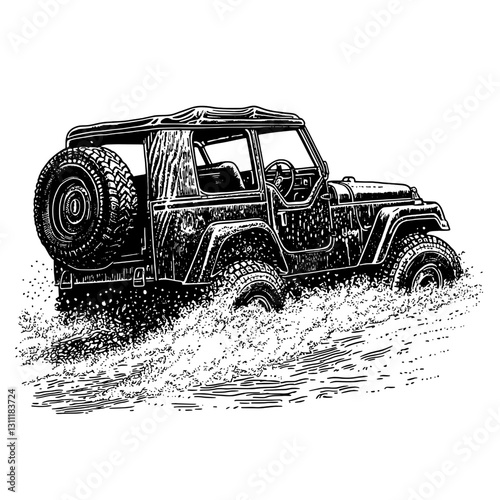 Engraved vector design of a vintage off-road vehicle splashing through water