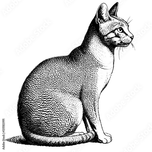 Engraved vector illustration of a sitting cat in a classic tattoo style with intricate details