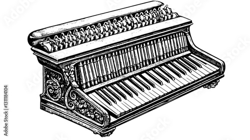 Engraved vector art of a vintage piano with intricate detail suitable for tattoo design