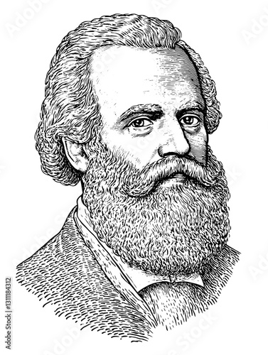 Engraved portrait of influential philosopher and economist from the 19th century known for his ideas on socialism and capitalism