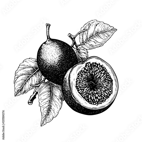 Engraved vector illustration of guava fruit with detailed leaves and textures showcasing natural beauty