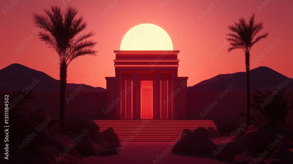 Obraz premium Desert Temple at Sunset with Palm Trees