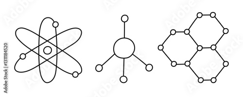 Cute outline set with chemistry molecule and atom structure. Hand drawn chemical formula as sign of science, medicine, technology, biology. Scientific molecular model clipart isolated on background.