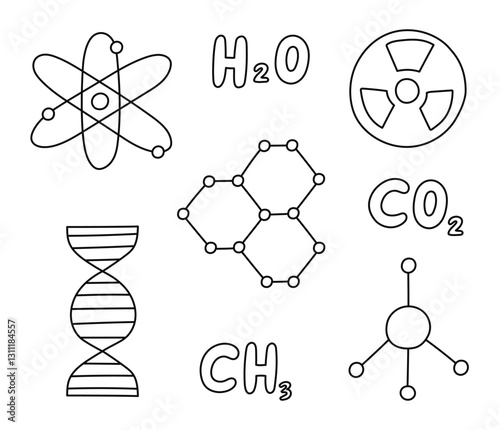 Cute doodle set with chemistry symbols. Molecule, atom, chemical formulas of H2O, CO2, CH2, DNA chromosome, nuclear radiation. Sign of science, medicine, biology with hand drawn outline.