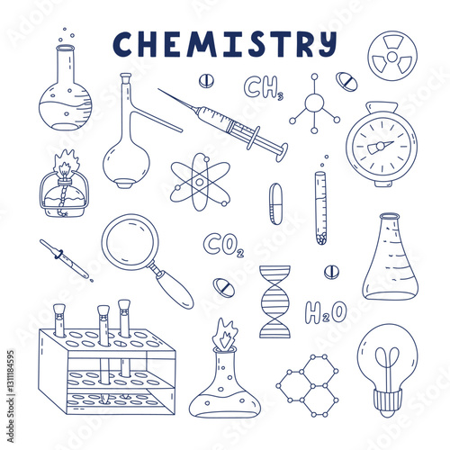 Cute doodle set with chemistry, science and laboratory clipart. Lab equipment for chemical, genetic, medical experiment, study. Isolated on white learning medicine concept with hand drawn outline.