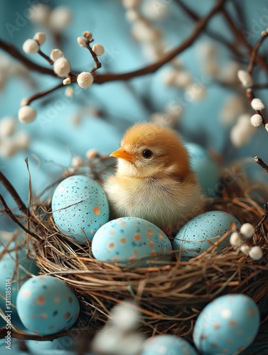 Little chick in a nest with eggs. AI.