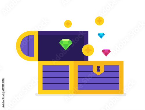 Vector illustration of an open treasure chest filled with colorful gems and gold coins. A vibrant flat design representing wealth, fortune, and success, perfect for games, finance, or adventure-themed