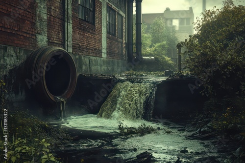 A gloomy urban scene featuring an aging sewage pipe spilling toxic waste into the environment. photo