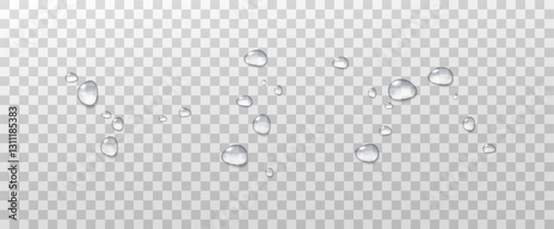 Realistic vector water drops png on a transparent light background. Water condensation on the surface with light reflection and realistic shadow. 3d vector illustration