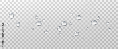 Realistic vector water drops png on a transparent light background. Water condensation on the surface with light reflection and realistic shadow. 3d vector illustration