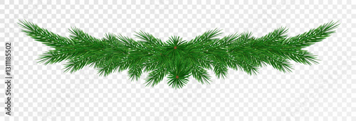 Garland of spruce branches. Christmas holiday decorations, realistic live fir tree effect with decorations for poster banners, png vector.
