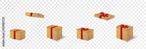Gift Box Set, open and closed. Set of Christmas boxes with ribbons, bows and surprises, vector png.	
