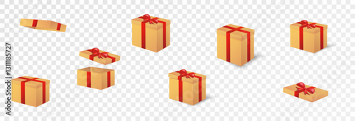 Gift Box Set, open and closed. Set of Christmas boxes with ribbons, bows and surprises, vector png.	
