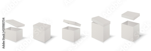 Gift Box Set, open and closed. Set of Christmas boxes with ribbons, bows and surprises, vector png.	
