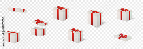 Gift Box Set, open and closed. Set of Christmas boxes with ribbons, bows and surprises, vector png.	
