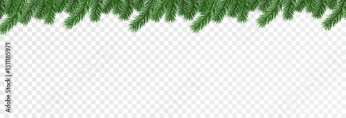 Garland of spruce branches. Christmas holiday decorations, realistic live fir tree effect with decorations for poster banners, png vector.