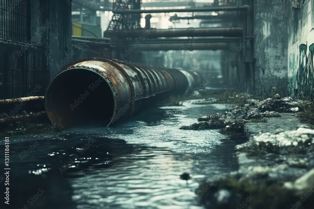 A gloomy urban scene featuring an aging sewage pipe spilling toxic waste into the environment. A gloomy urban scene featuring an aging sewage pipe spilling toxic waste into the environment.