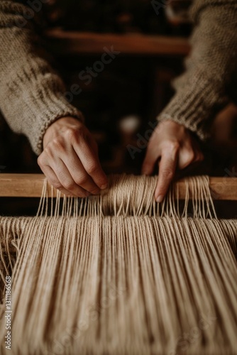 Hands weaving beige cloth photo