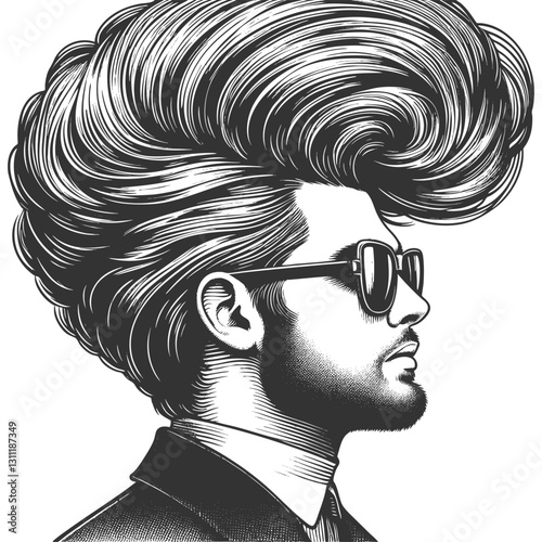 fashionable man with exaggerated, voluminous hair and a beard, wearing sunglasses and a tuxedo, surrealism with vintage aesthetics sketch engraving generative ai vector. Scratch board. Black and white