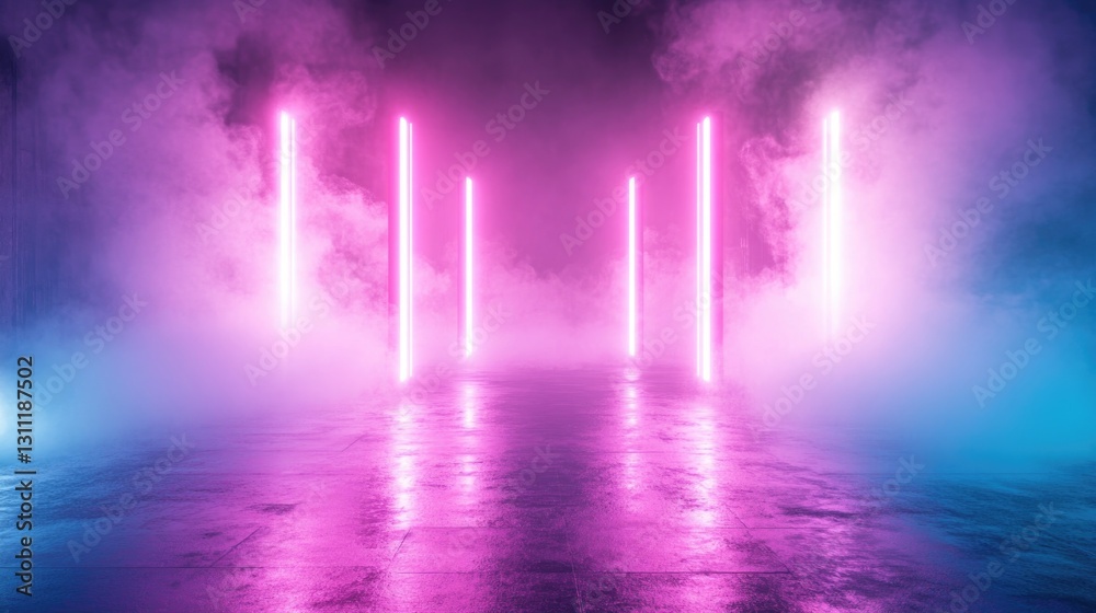 Fototapeta premium Glowing neon lights and fog create an atmospheric scene