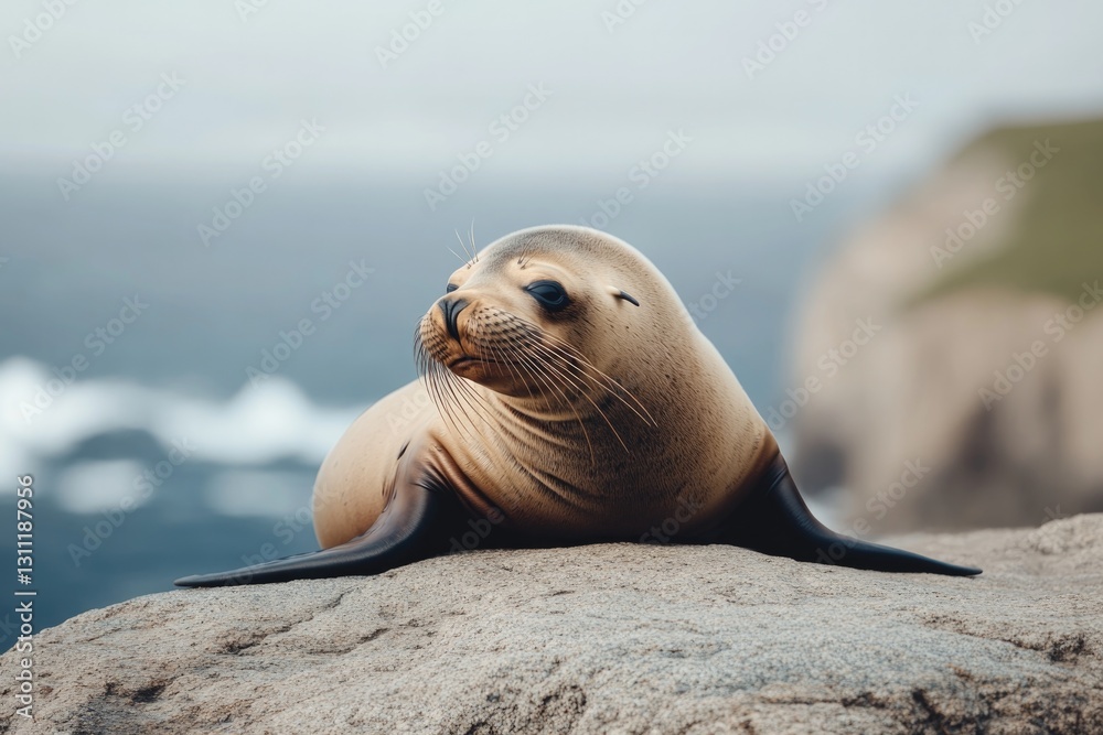 Fototapeta premium Seal basking on rocky shore, showcasing smooth fur and serene ex