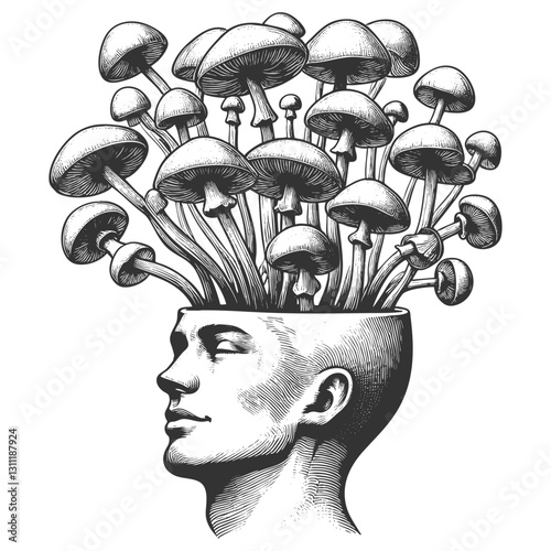 man head with mushrooms growing from the top, symbolizing imagination, nature, altered consciousness sketch engraving generative ai vector illustration. Scratch board imitation. Black and white image.