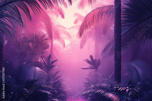 Path in the middle of a futuristic tropical forest in purple tones. Futuristic tropical background. Generated by artificial intelligence