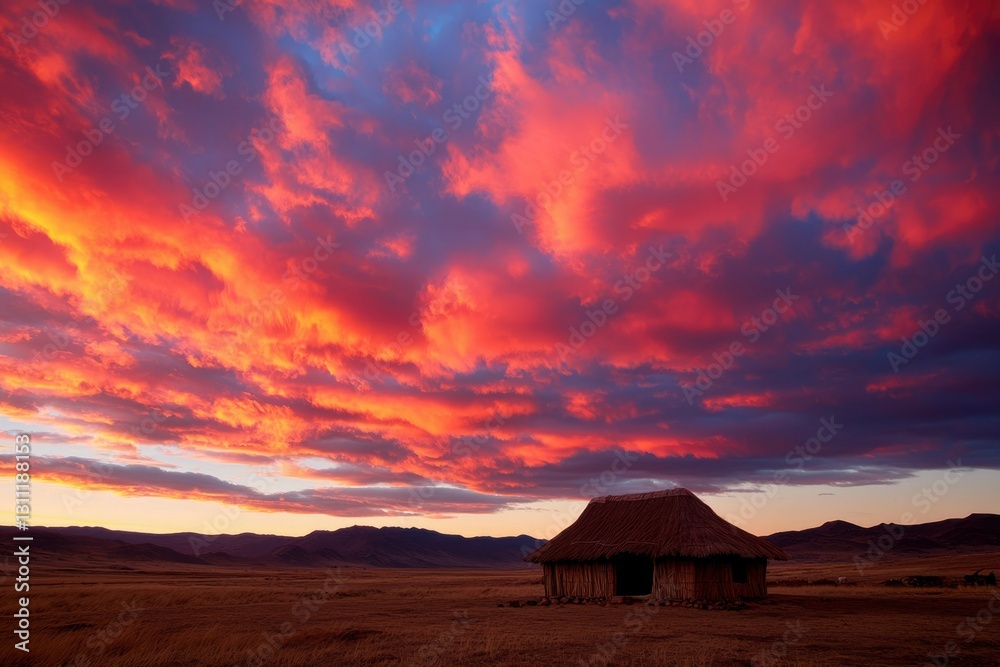 Hut on plains under vibrant sunset sky Hut on plains under vibrant sunset sky