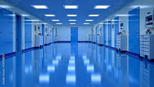 Sterile Hospital Corridor: A Deep Blue Reflection