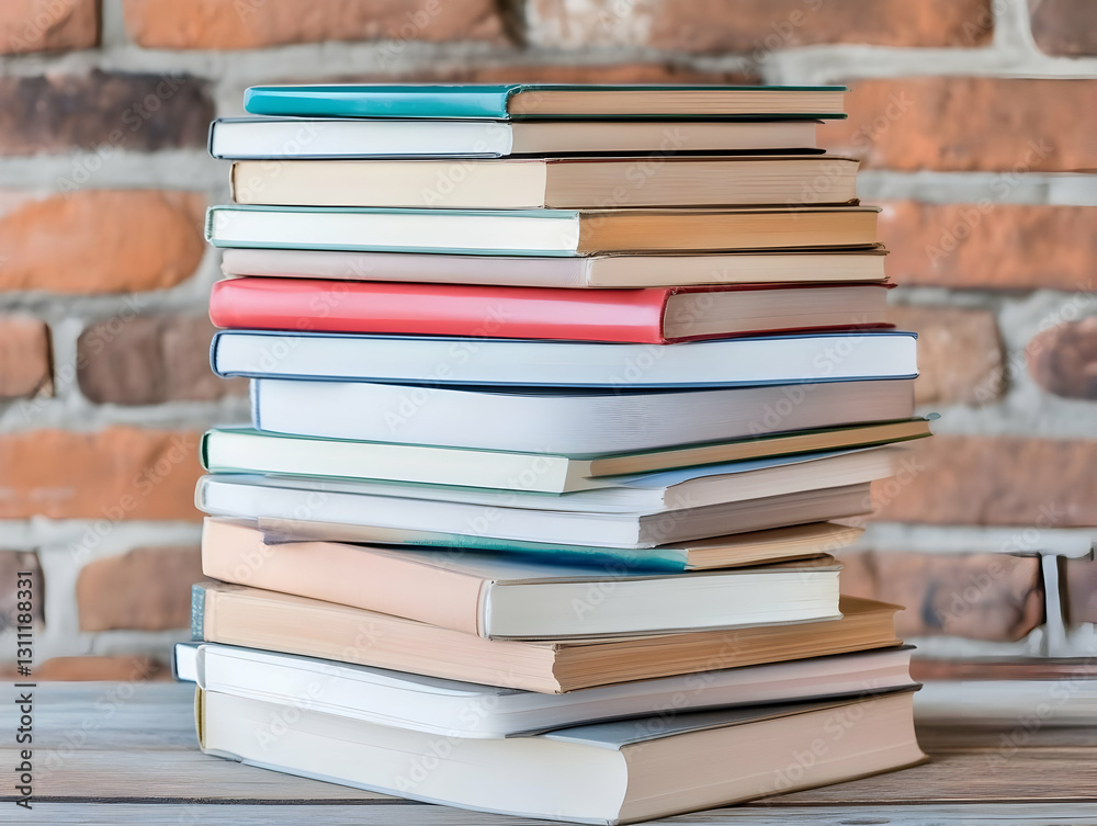 Colorful Stack Of Books On Wooden Table Against Brick Wall Background Colorful Stack Of Books On Wooden Table Against Brick Wall Background