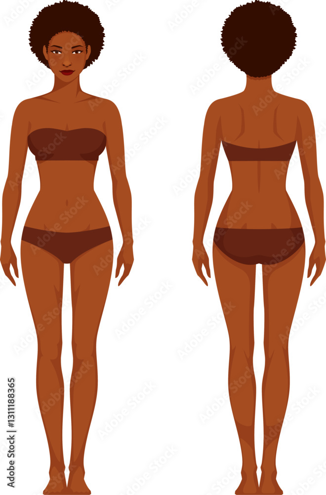 illustration of a young African American woman in underwear, from front and rear view. Healthy lifestyle, health care or anatomy concept. Isolated on white. illustration of a young African American woman in underwear, from front and rear view. Healthy lifestyle, health care or anatomy concept. Isolated on white.