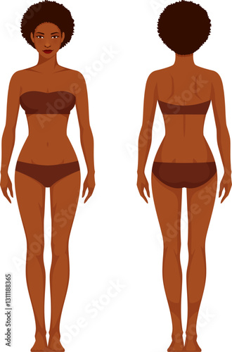 illustration of a young African American woman in underwear, from front and rear view. Healthy lifestyle, health care or anatomy concept. Isolated on white.