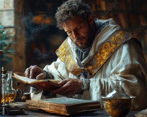 A person sitting at a table with an open book, likely for personal study or leisure