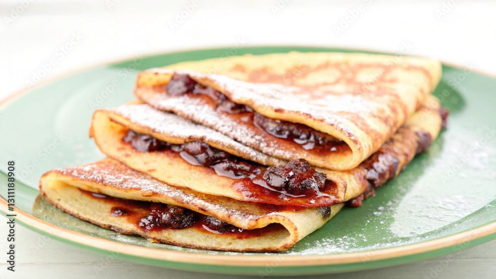 Thin pancakes filled with jam, dusted with powdered sugar, served on green plate. delicious treat for breakfast or dessert Thin pancakes filled with jam, dusted with powdered sugar, served on green plate. delicious treat for breakfast or dessert