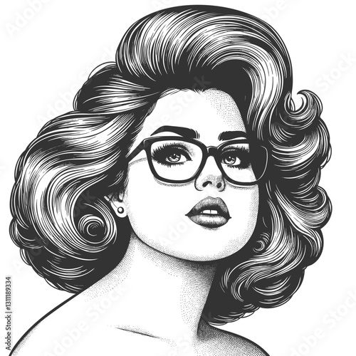 glamorous woman with voluminous retro hair, wearing glasses, exuding confidence, elegance, and classic beauty sketch engraving generative ai vector illustration. Scratch board. Black and white image.