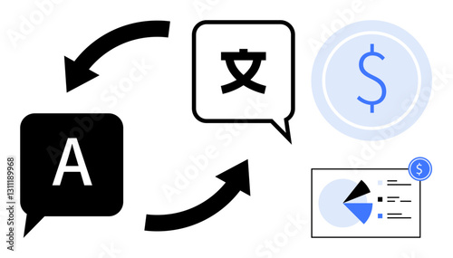 Arrows connecting speech bubbles with A and foreign character, dollar symbol, and pie chart. Ideal for translation, finance, global communication, data, technology business growth. Flat simple