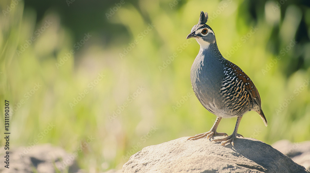 quail stands on sunlit rock in natural setting quail stands on sunlit rock in natural setting