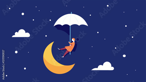 Whimsical Composition A whimsical scene depicting a person with an oversized umbrella floating down serenely against a starry night sky. The umbrella features a crescent moon