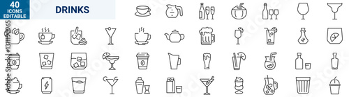 Drinks web icons in line style. Coffee, tea, soda, beer, alcohol, coctail, energy, wine, collection. Vector illustration